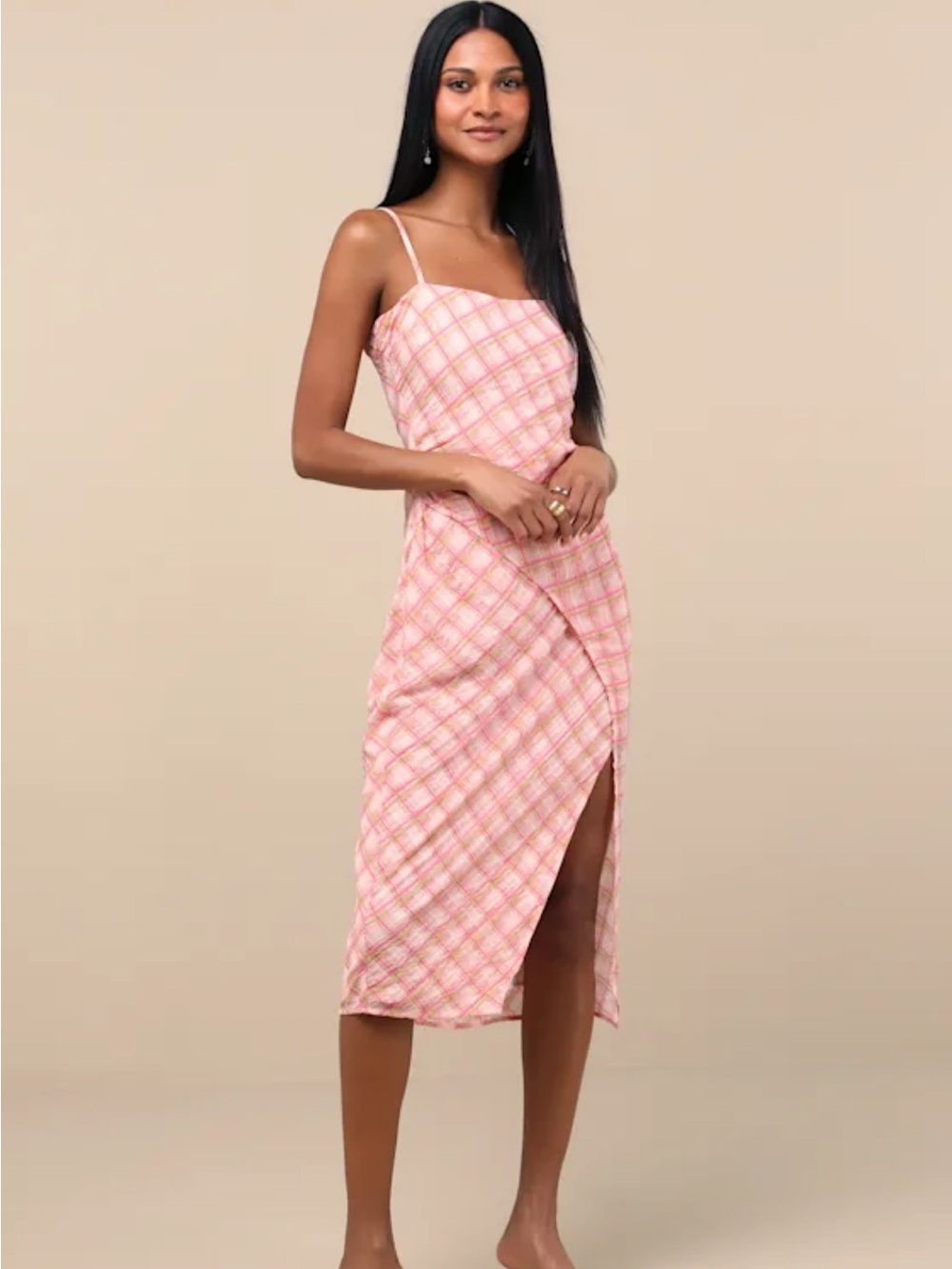 Lulu's Pink Plaid Spaghetti-Strap Midi Dress